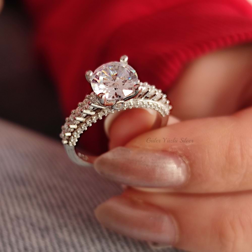 KENAR TAŞ DETAYLI GÖSTERİŞLİ TEK TAŞ GÜMÜŞ YÜZÜK - 14