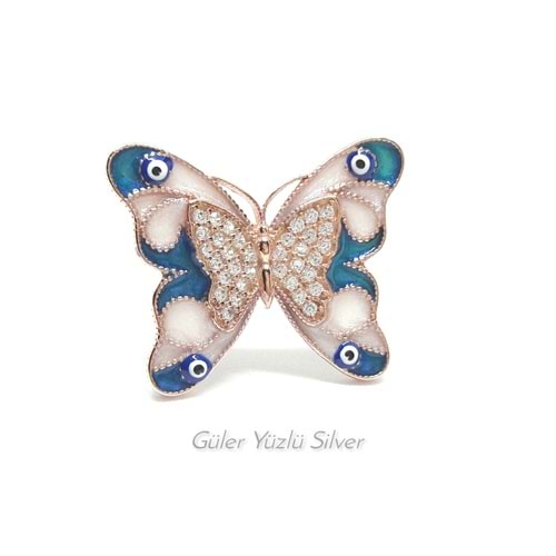 AYARLANABİLİR NAZAR BONCUKLU MAVİ MİNELİ KELEBEK GÜMÜŞ YÜZÜK
