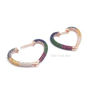 RENKLİ TAŞ KALP HALKA GÜMÜŞ KÜPE