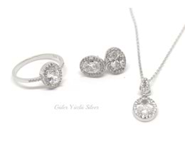 ZİRKON TAŞLI OVAL ÜÇLÜ GÜMÜŞ SET - 18 numara