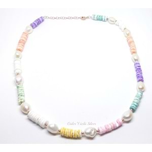 RENKLİ BONCUK İNCİLİ GÜMÜŞ KOLYE