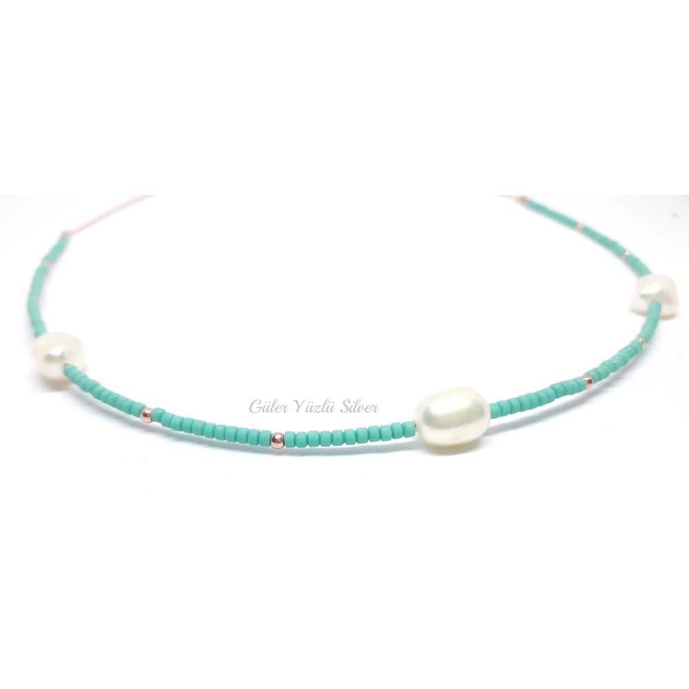 3 İNCİ DETAYLI SU YEŞİLİ GÜMÜŞ KOLYE