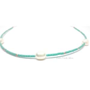 3 İNCİ DETAYLI SU YEŞİLİ GÜMÜŞ KOLYE