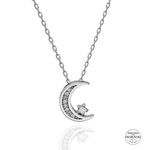 SWAROVSKI ZIRCONIA TAŞLI AY YILDIZ GÜMÜŞ KOLYE
