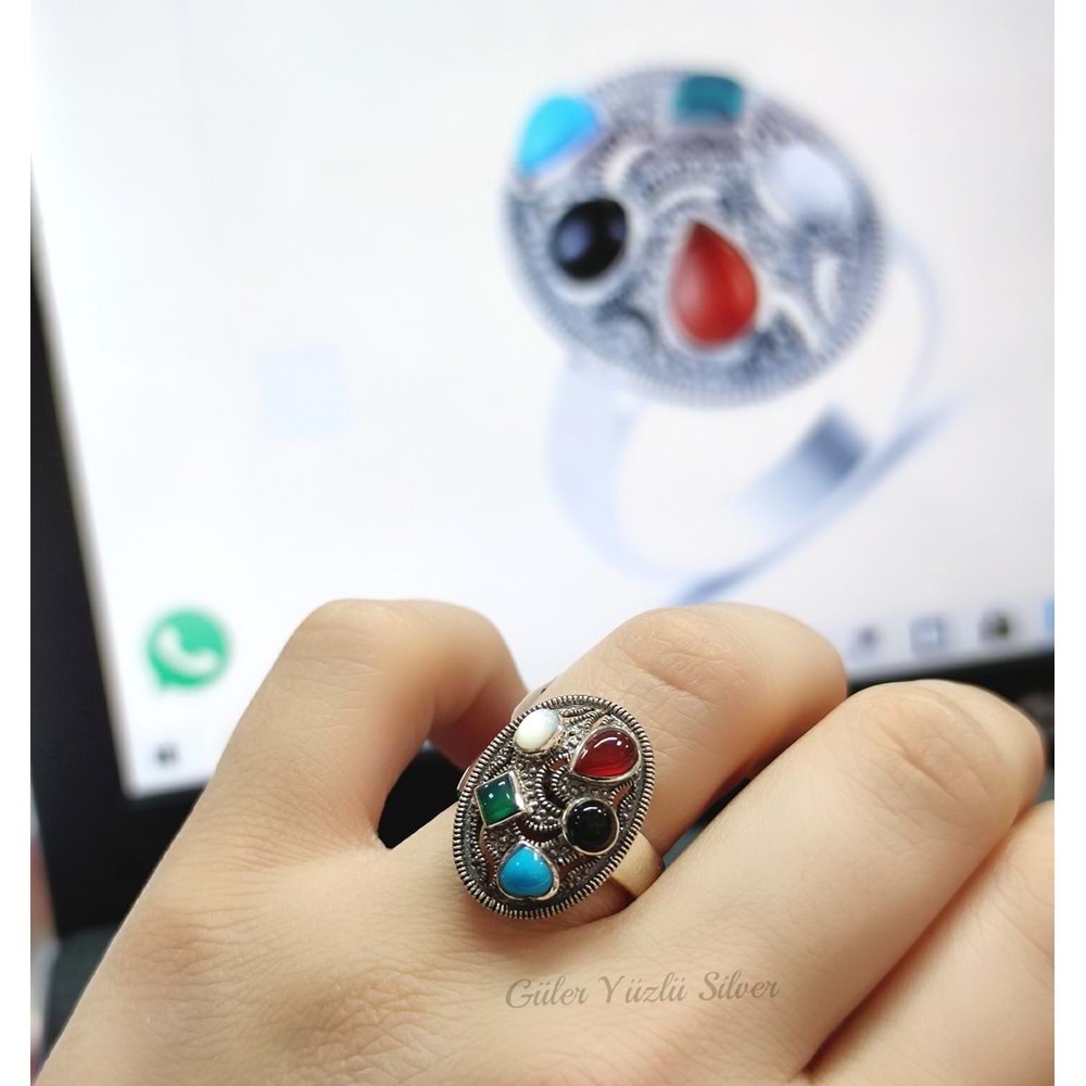 KARIŞIK DOĞAL TAŞ GÜMÜŞ YÜZÜK - 16