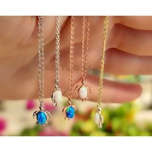 BEYAZ OPAL MİNİ KAPLUMBAĞA GÜMÜŞ KOLYE - ALTIN KAPLAMA (SARI)