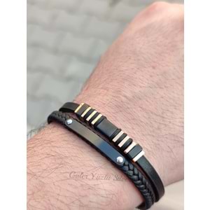 ROSE DETAYLI İKİ SIRA PLAKA DERİ ÇELİK ERKEK BİLEKLİK