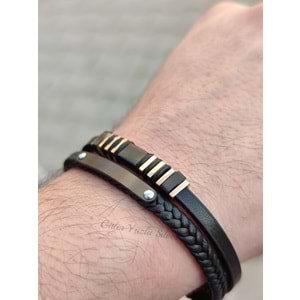 ROSE DETAYLI İKİ SIRA PLAKA DERİ ÇELİK ERKEK BİLEKLİK