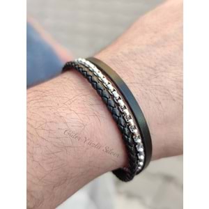 ÜÇ SIRA DERİ ÇELİK ERKEK BİLEKLİK