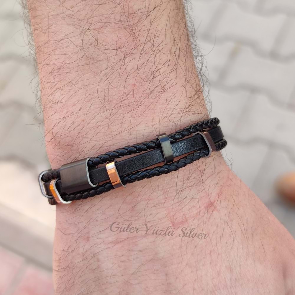 ÜÇ SIRA KİLİTLİ DERİ ÇELİK ERKEK BİLEKLİK - ROSE ALTIN KAPLAMA (BAKIR)