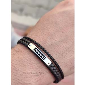 KARE DETAYLI İKİ SIRA ÖRGÜ DERİ ÇELİK ERKEK BİLEKLİK