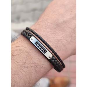 KARE DETAYLI İKİ SIRA ÖRGÜ DERİ ÇELİK ERKEK BİLEKLİK