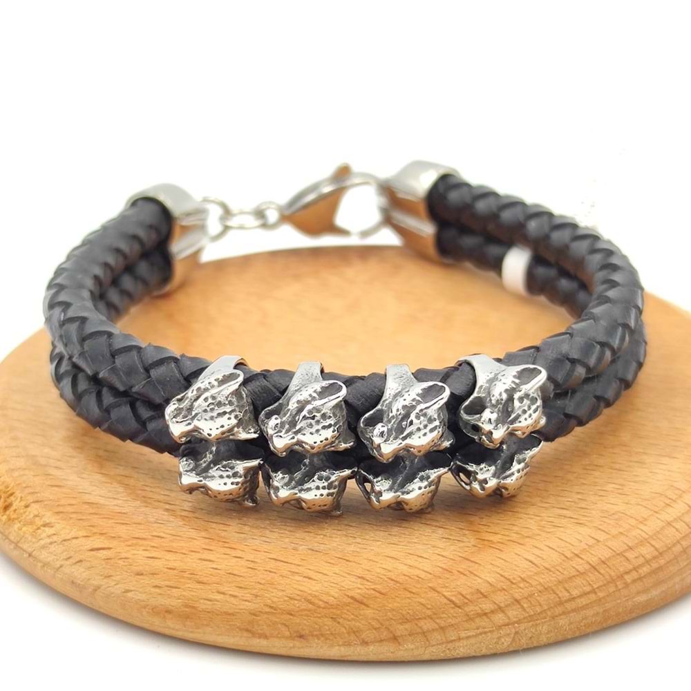 İKİ SIRA KURT ÖRGÜ DERİ ÇELİK BİLEKLİK