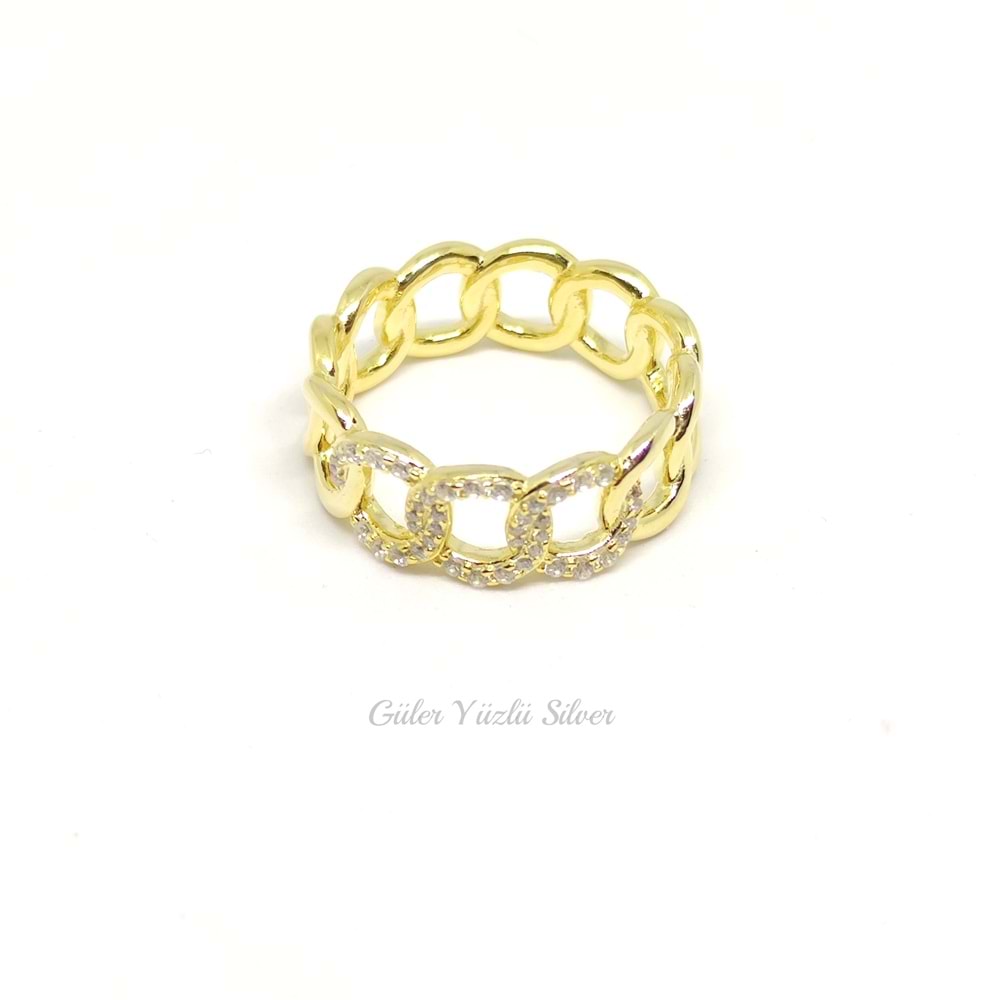 İTHAL TAŞ DETAYLI ZİNCİR GÜMÜŞ YÜZÜK - ALTIN KAPLAMA (SARI) - 18