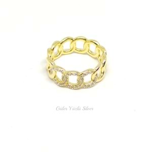 İTHAL TAŞ DETAYLI ZİNCİR GÜMÜŞ YÜZÜK - ALTIN KAPLAMA (SARI) - 18