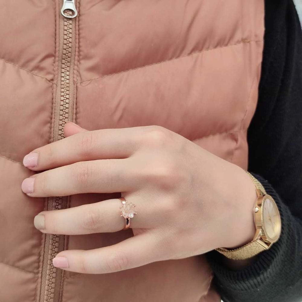 LOTUS ÇİÇEĞİ ZİRKON TAŞLI GÜMÜŞ YÜZÜK - ROSE BAKIR