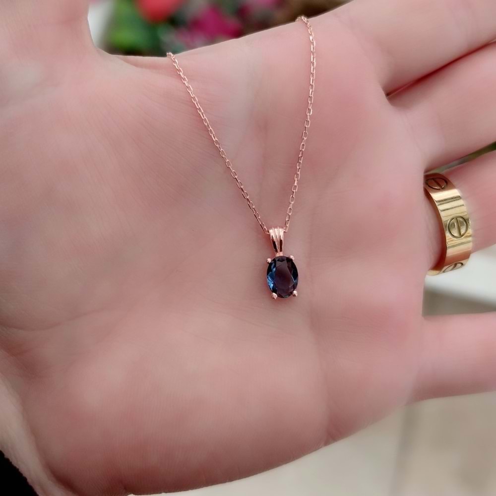 OVAL TEK TAŞ GÜMÜŞ KOLYE - LACİVERT