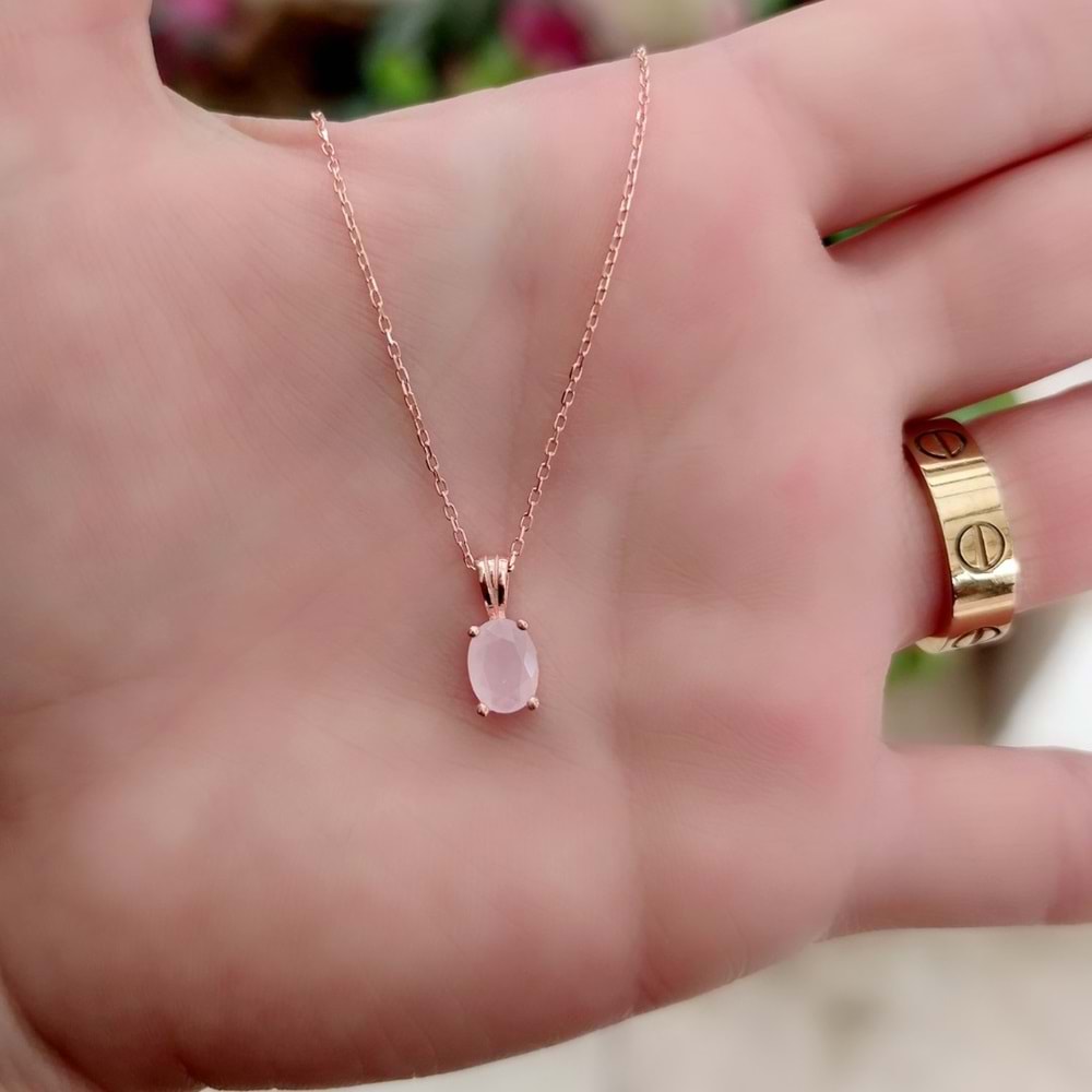 OVAL TEK TAŞ GÜMÜŞ KOLYE - PEMBE