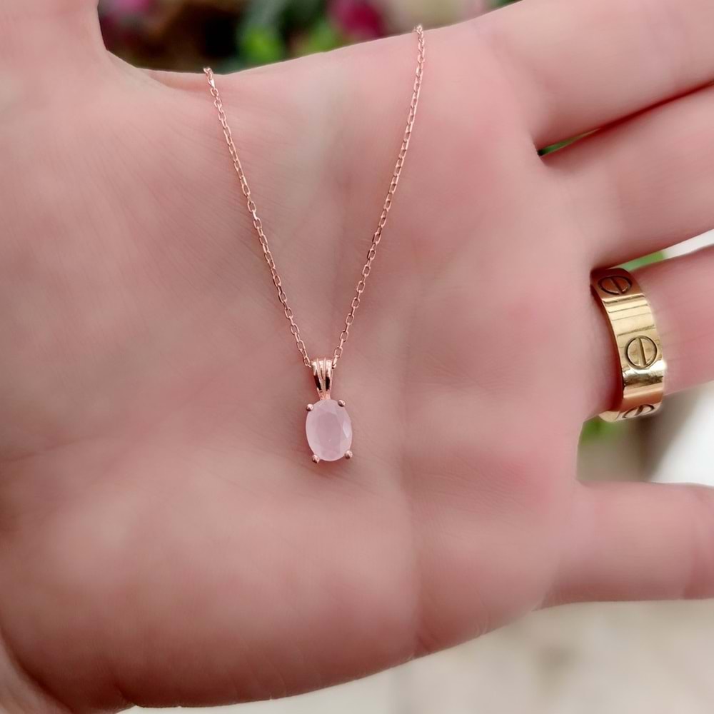 OVAL TEK TAŞ GÜMÜŞ KOLYE - PEMBE