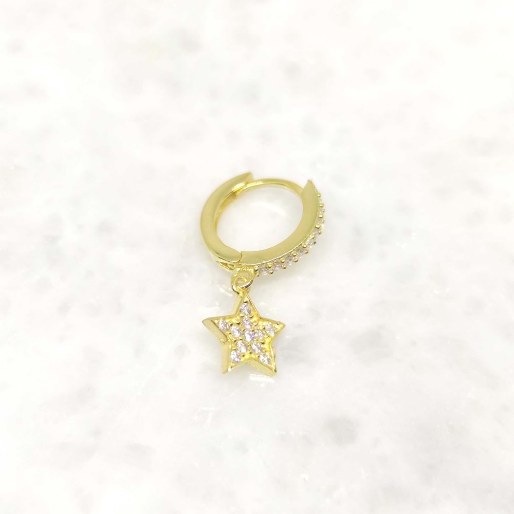 TAŞLI YILDIZ TEK HALKA GÜMÜŞ KÜPE - ALTIN SARI