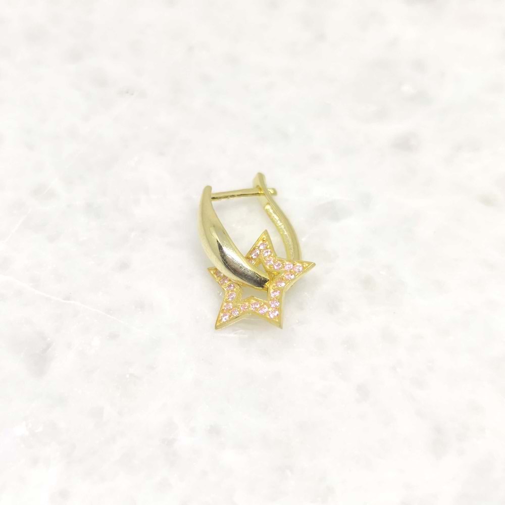 PEMBE TAŞLI YILDIZ TEK GÜMÜŞ U KÜPE - ALTIN SARI