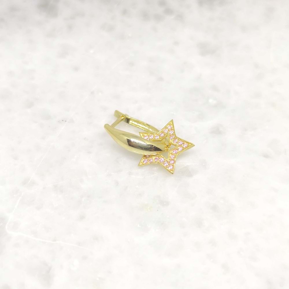 PEMBE TAŞLI YILDIZ TEK GÜMÜŞ U KÜPE - ALTIN SARI