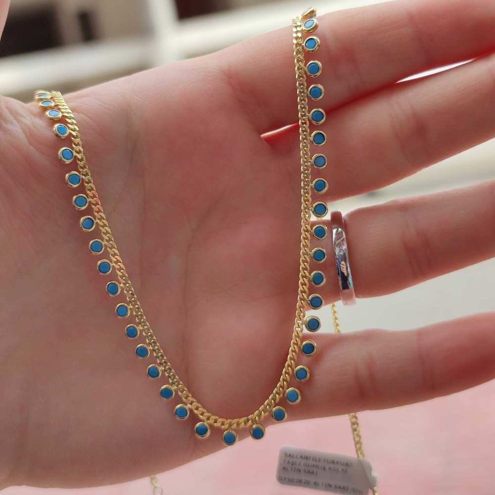 SALLANTILI TURKUAZ TAŞLI GÜMÜŞ KOLYE - ALTIN SARI