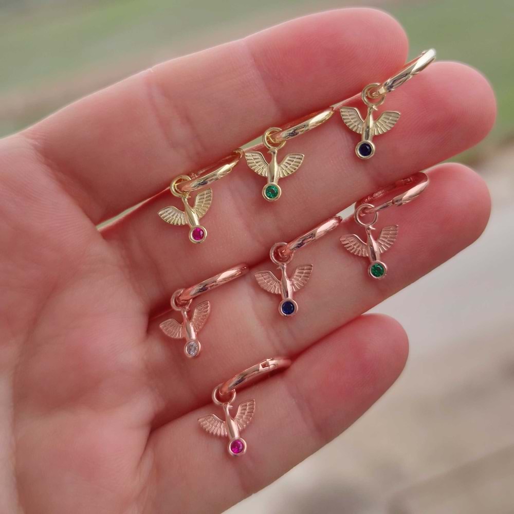 KIRMIZI TAŞLI ANKA TEK GÜMÜŞ HALKA KÜPE - ALTIN SARI