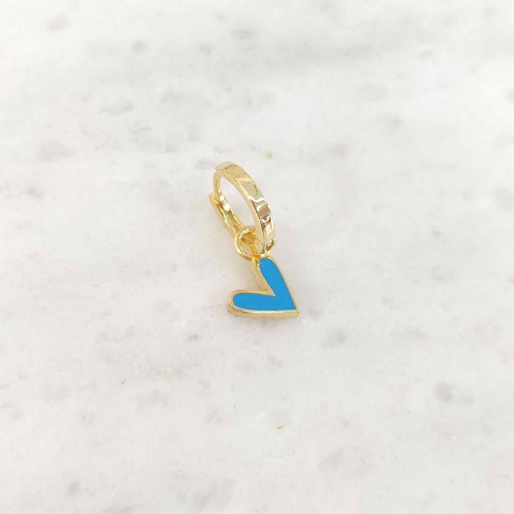 MAVİ MİNELİ KALP TEK HALKA KÜPE - ALTIN SARI