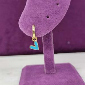 MAVİ MİNELİ KALP TEK HALKA KÜPE - ALTIN SARI