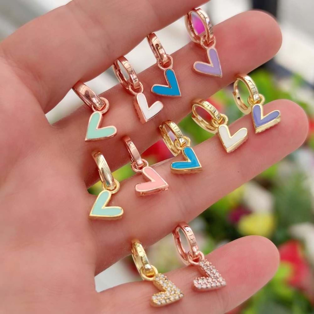 MAVİ MİNELİ KALP TEK HALKA KÜPE - ALTIN SARI