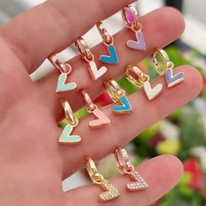 MAVİ MİNELİ KALP TEK HALKA KÜPE - ALTIN SARI