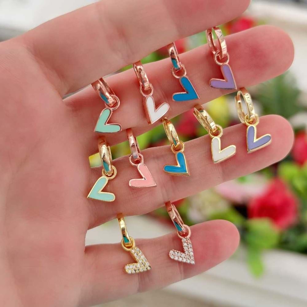 MAVİ MİNELİ KALP TEK HALKA KÜPE - ALTIN SARI