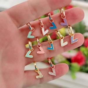 MAVİ MİNELİ KALP TEK HALKA KÜPE - ALTIN SARI