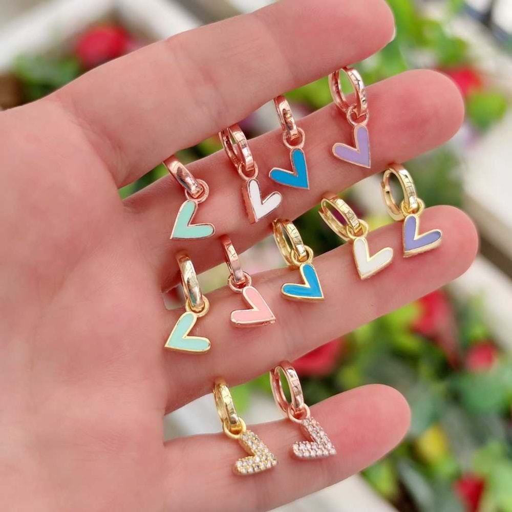 MAVİ MİNELİ KALP TEK HALKA KÜPE - ALTIN SARI