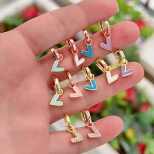 MAVİ MİNELİ KALP TEK HALKA KÜPE - ALTIN SARI