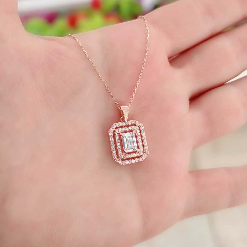 BAGET ZİRKON TAŞLI GÜMÜŞ KOLYE - ROSE BAKIR