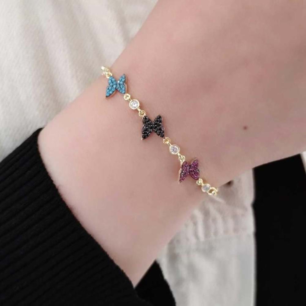 3 RENKLİ TAŞLI KELEBEK GÜMÜŞ BİLEKLİK - ALTIN SARI