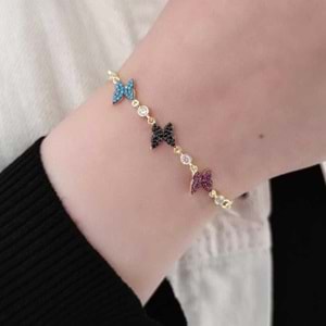 3 RENKLİ TAŞLI KELEBEK GÜMÜŞ BİLEKLİK - ALTIN SARI