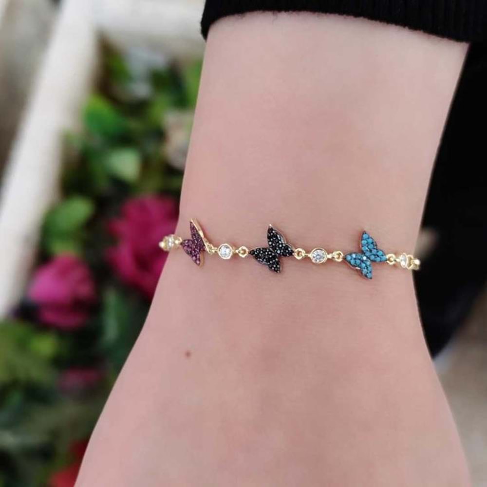 3 RENKLİ TAŞLI KELEBEK GÜMÜŞ BİLEKLİK - ALTIN SARI