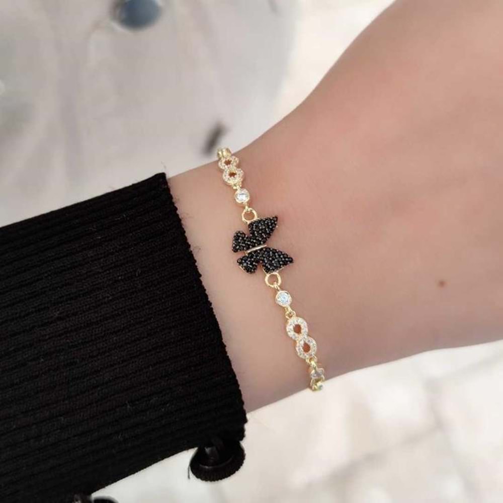 SİYAH TAŞLI KELEBEK GÜMÜŞ BİLEKLİK - ALTIN SARI