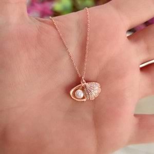 KAPAKLI İNCİLİ İSTİRİDYE DENİZ KABUĞU GÜMÜŞ KOLYE - ROSE BAKIR