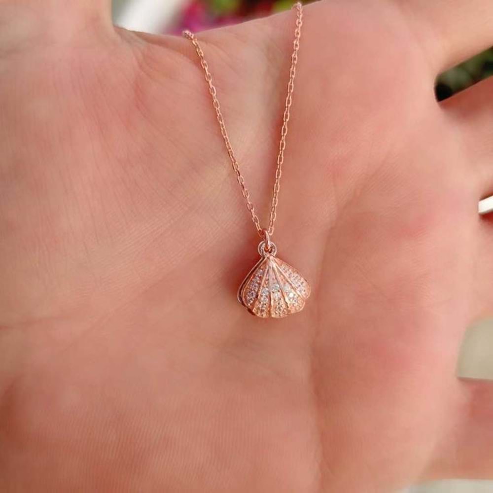 KAPAKLI İNCİLİ İSTİRİDYE DENİZ KABUĞU GÜMÜŞ KOLYE - ROSE BAKIR