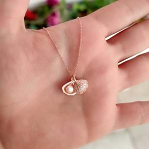 KAPAKLI İNCİLİ İSTİRİDYE DENİZ KABUĞU GÜMÜŞ KOLYE - ROSE BAKIR