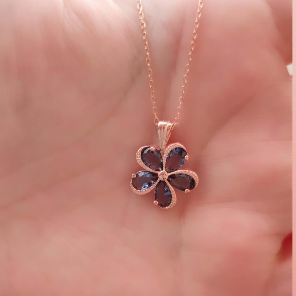 LACİVERT TAŞLI ÇİÇEK GÜMÜŞ KOLYE - ROSE BAKIR