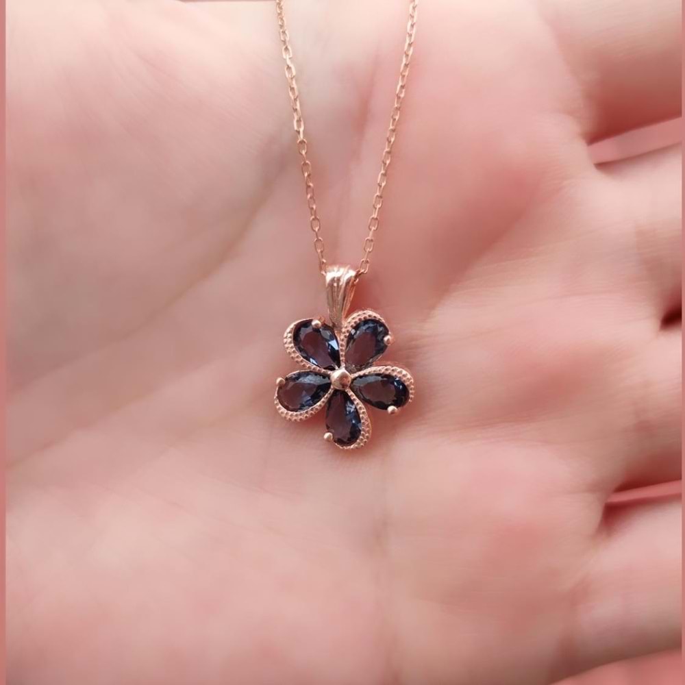 LACİVERT TAŞLI ÇİÇEK GÜMÜŞ KOLYE - ROSE BAKIR