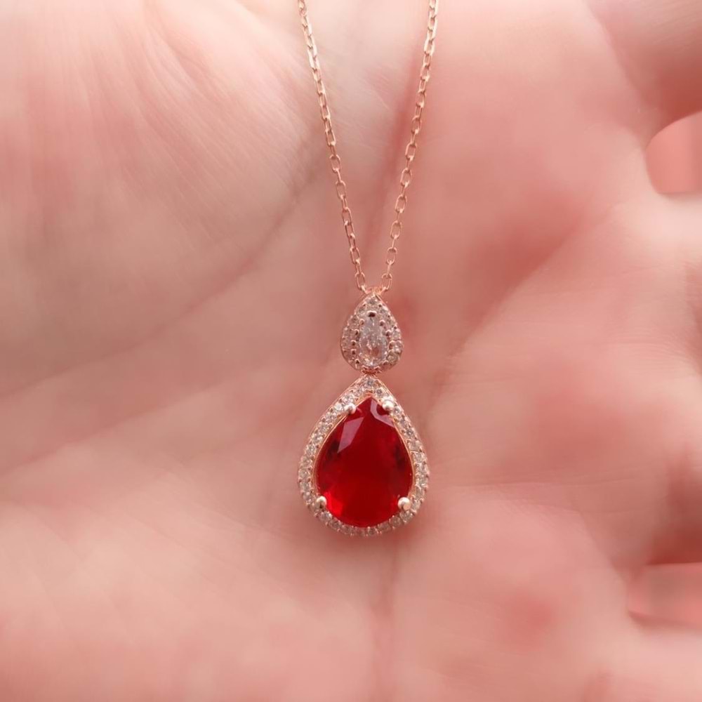 KIRMIZI TAŞLI DAMLA GÜMÜŞ KOLYE - ROSE BAKIR