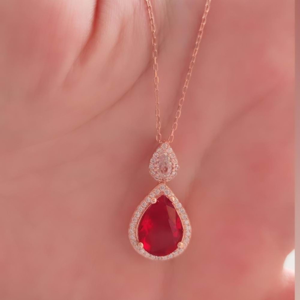 KIRMIZI TAŞLI DAMLA GÜMÜŞ KOLYE - ROSE BAKIR