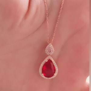 KIRMIZI TAŞLI DAMLA GÜMÜŞ KOLYE