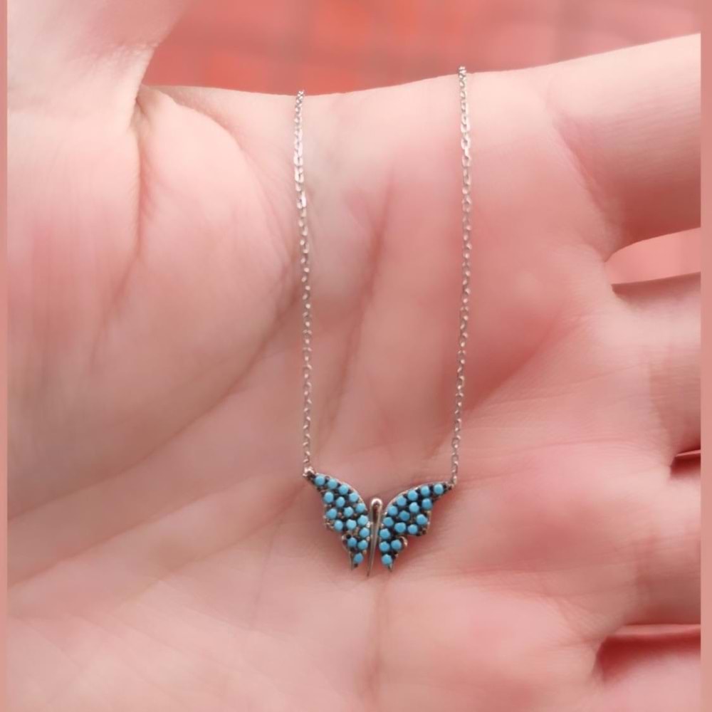 TURKUAZ TAŞLI MİNİ KELEBEK GÜMÜŞ KOLYE - RODYUM BEYAZ